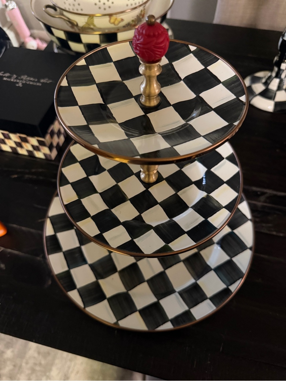 MacKenzie-Childs Black and White Check Three-Tier Stand with Red Finial